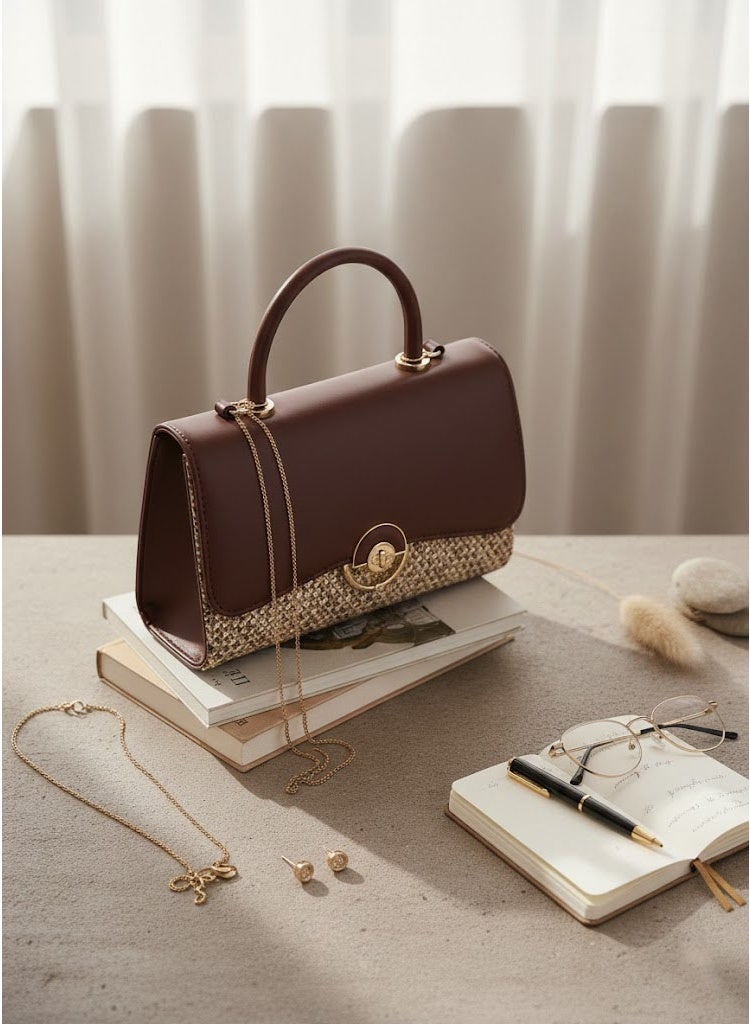 FUMES Coffee brown Women’s Handbag – Smooth Finish with Patterned Fabric Panel, Structured Top Handle & Chain Strap, Elegant Office & Evening Bag - Image 3